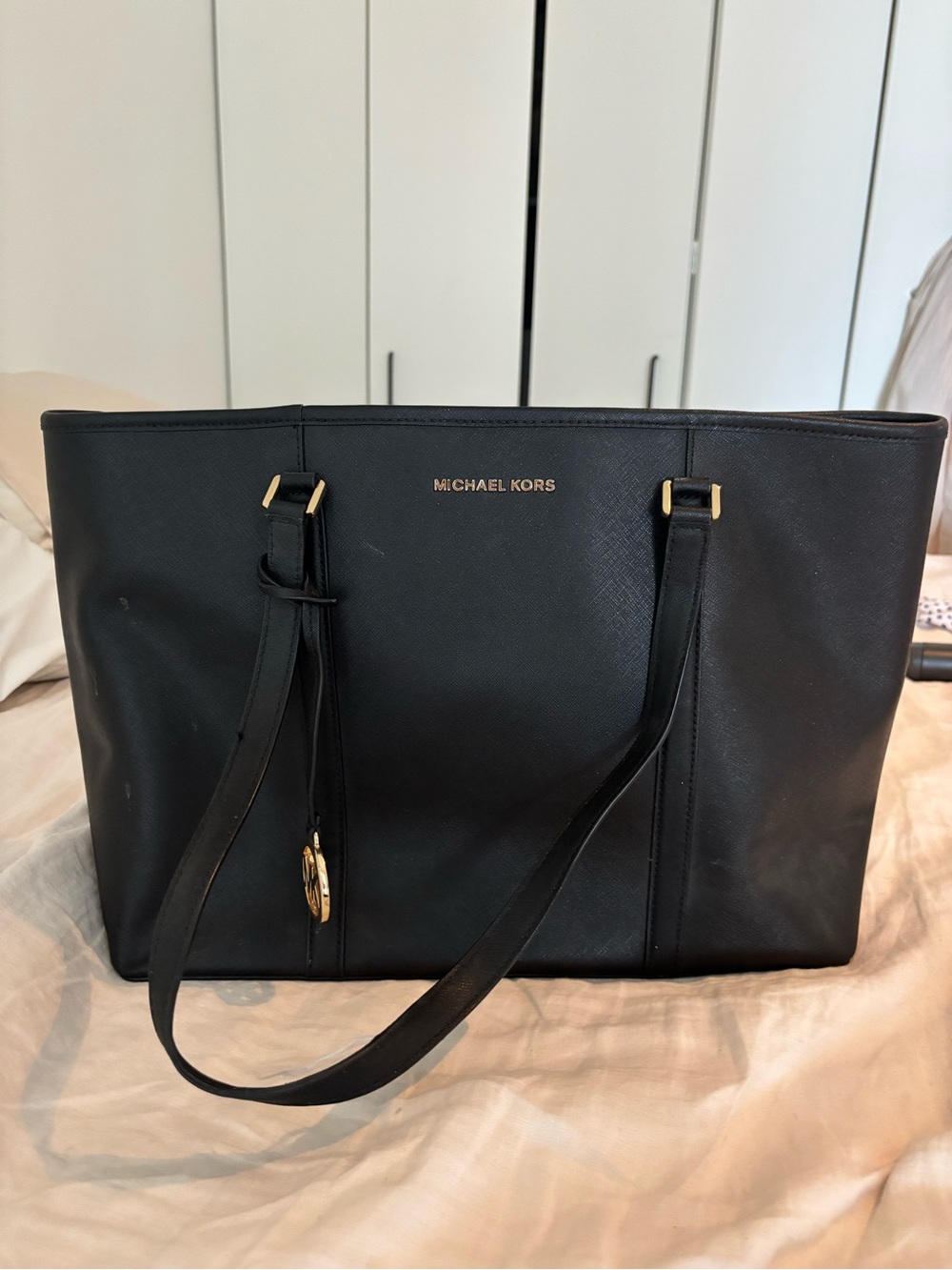 Michael Kors Black Leather Tote with Gold Hardware